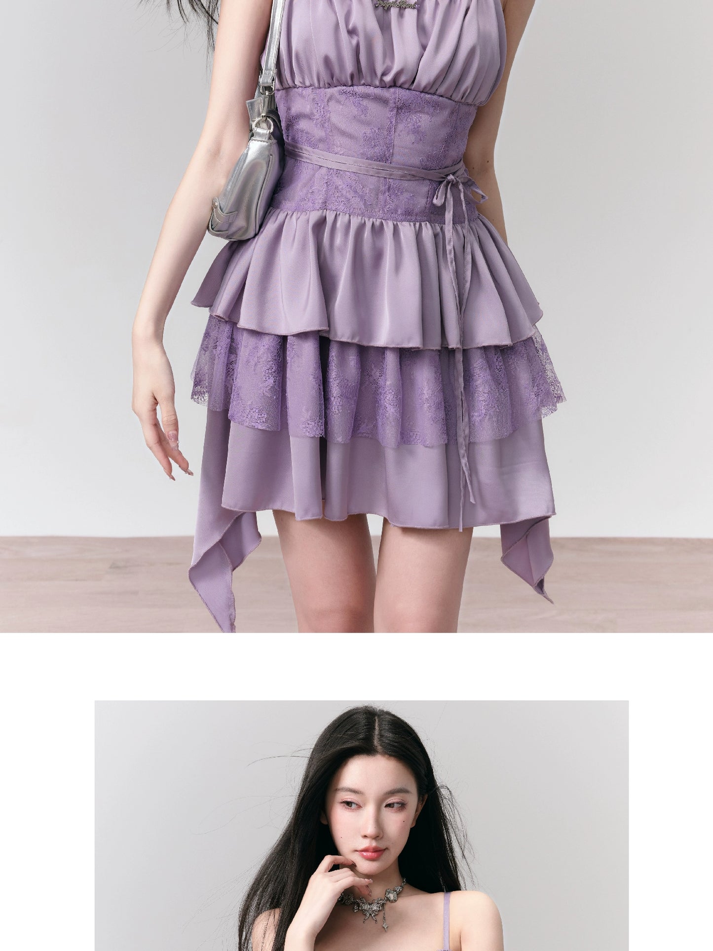 Lace Mixed Ruffled Mini Camisole Dress With Waist Strap