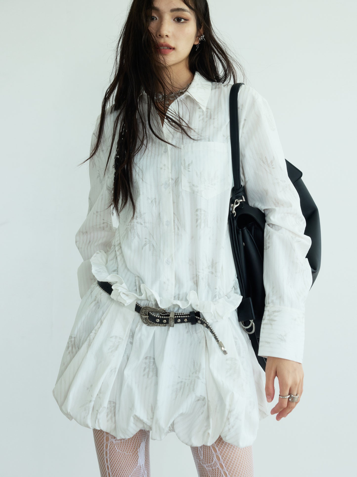 Striped Balloon Hem Shirt Dress With Belt