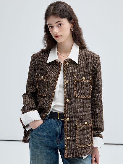 Braided Trim Wool Blend Boxy Tweed Jacket