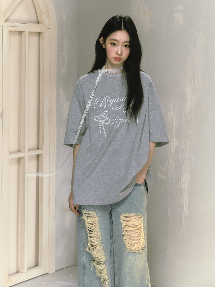 Bow Motif Oversized Letter Print T-Shirt