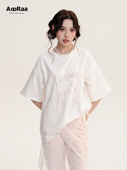 Oversized Deer Print Round Neck Cotton T-Shirt