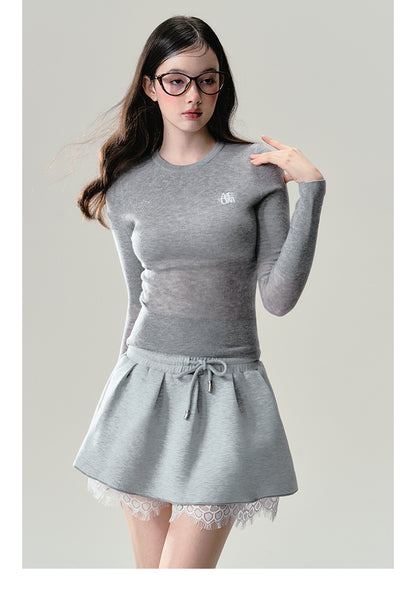 Flower Lace V-Neck Sweatshirt And Matching Skirt