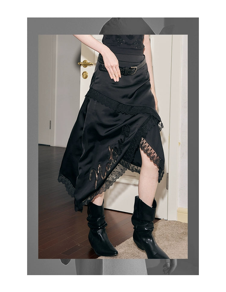 Asymmetric Elegant Lace-Trimmed Drapey Satin Skirt