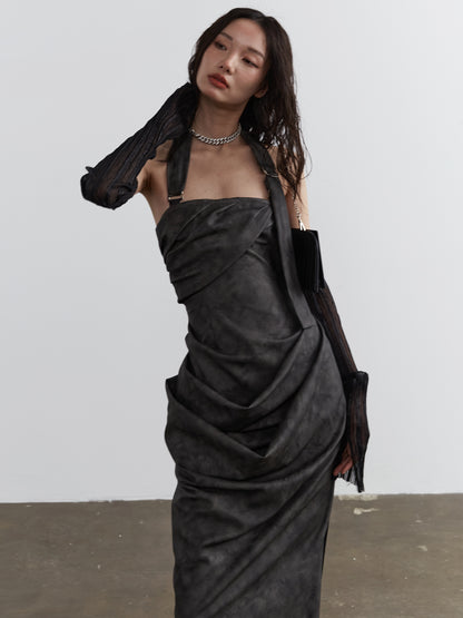 Sculptural Faux Leather Halter Tube Top Dress