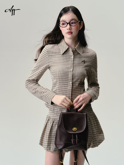 Cotton Plaid V-Hem Shirt And Balloon Mini Skirt Outfit