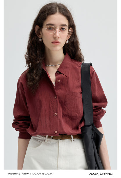 Wrinkled Texture Loose Fit Longline Color Shirt