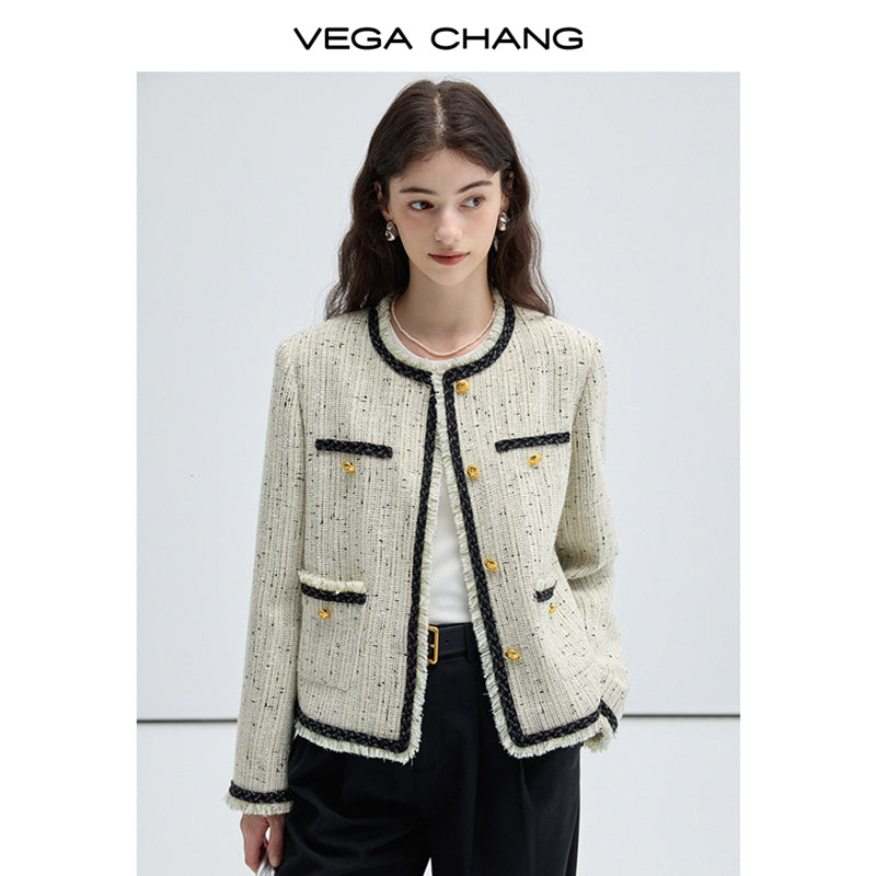 Fringed Edge Shoulder Padded Metallic Tweed Jacket