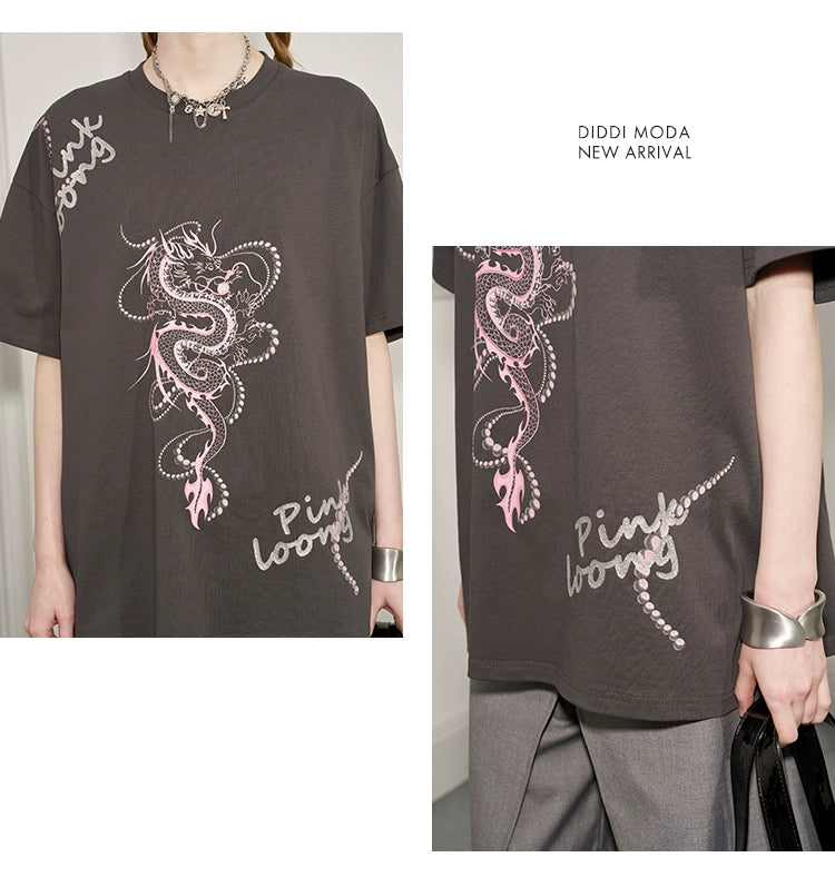 Glitter Lettered Dragon Print Oversized T-Shirt