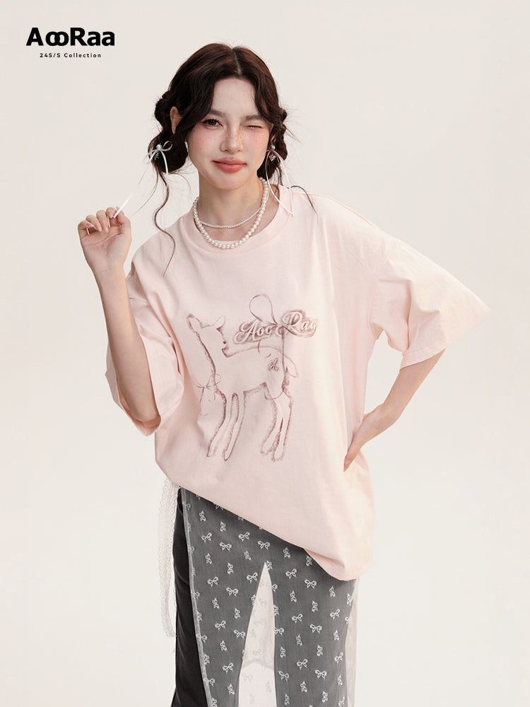 Oversized Deer Print Round Neck Cotton T-Shirt