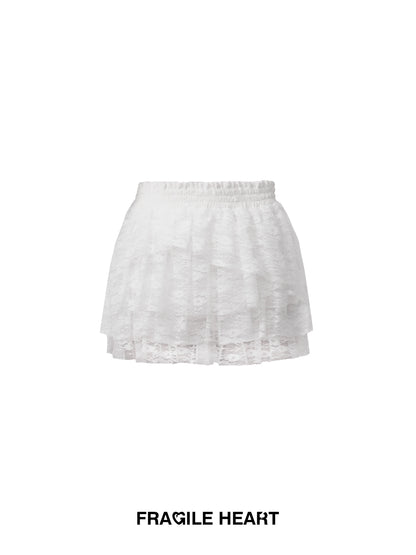 Basic Puff Sleeve Short Top And Ruffled Lace Skirt