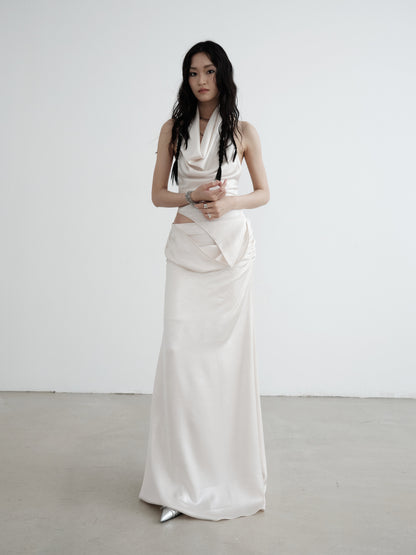 Asymmetrical Satin Draped Top And Maxi Skirt Set