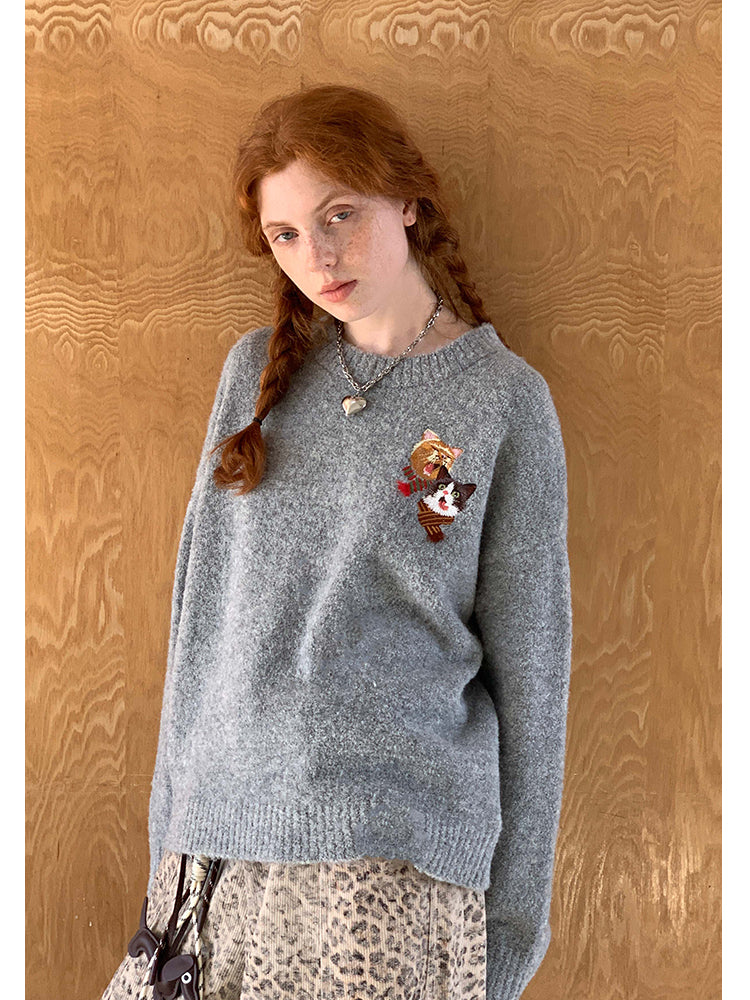 Playful Cats Embroidery Soft Sweater