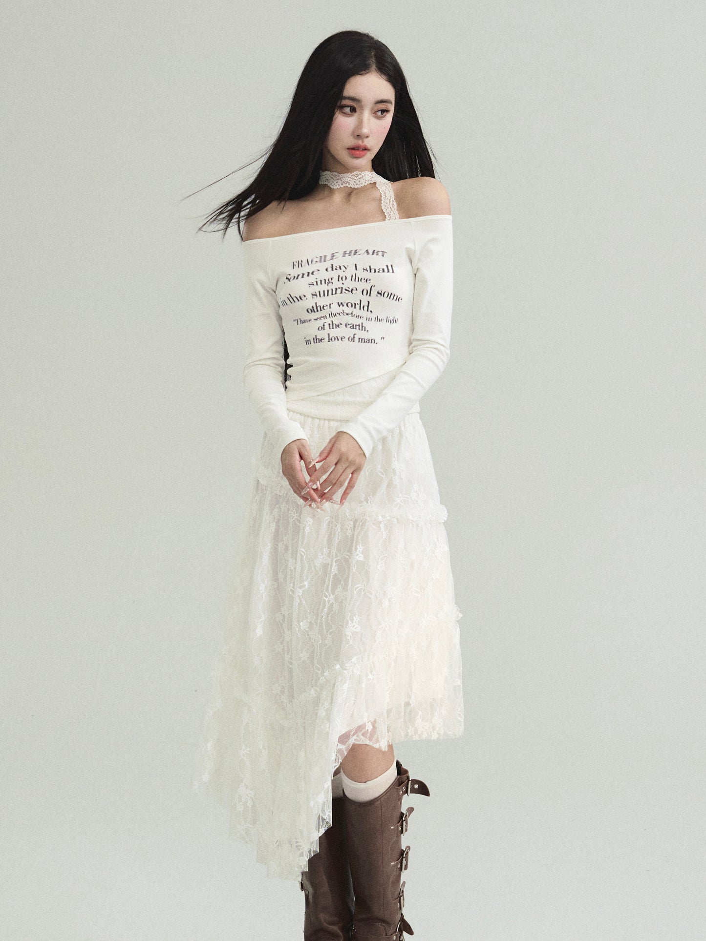 Letter Print Top, Draped Mini Skirt, Lace Skirt