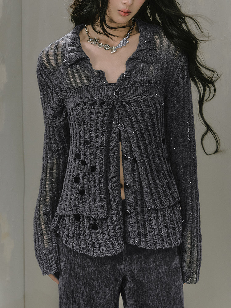 Two-Piece Layered Stripe Loose Knit Cardigan