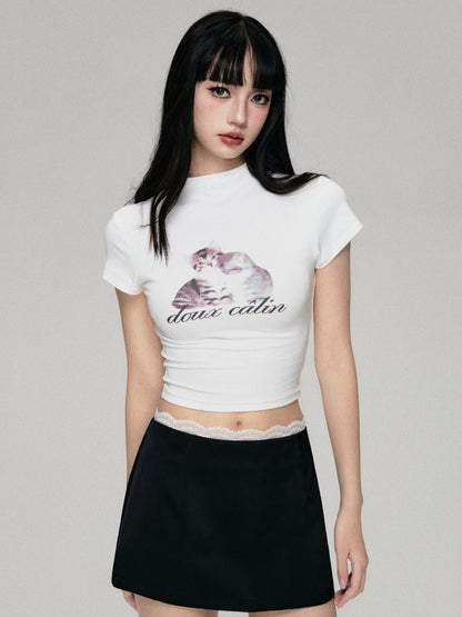 Cat Print Mock Neck Cropped Fitted T-Shirt