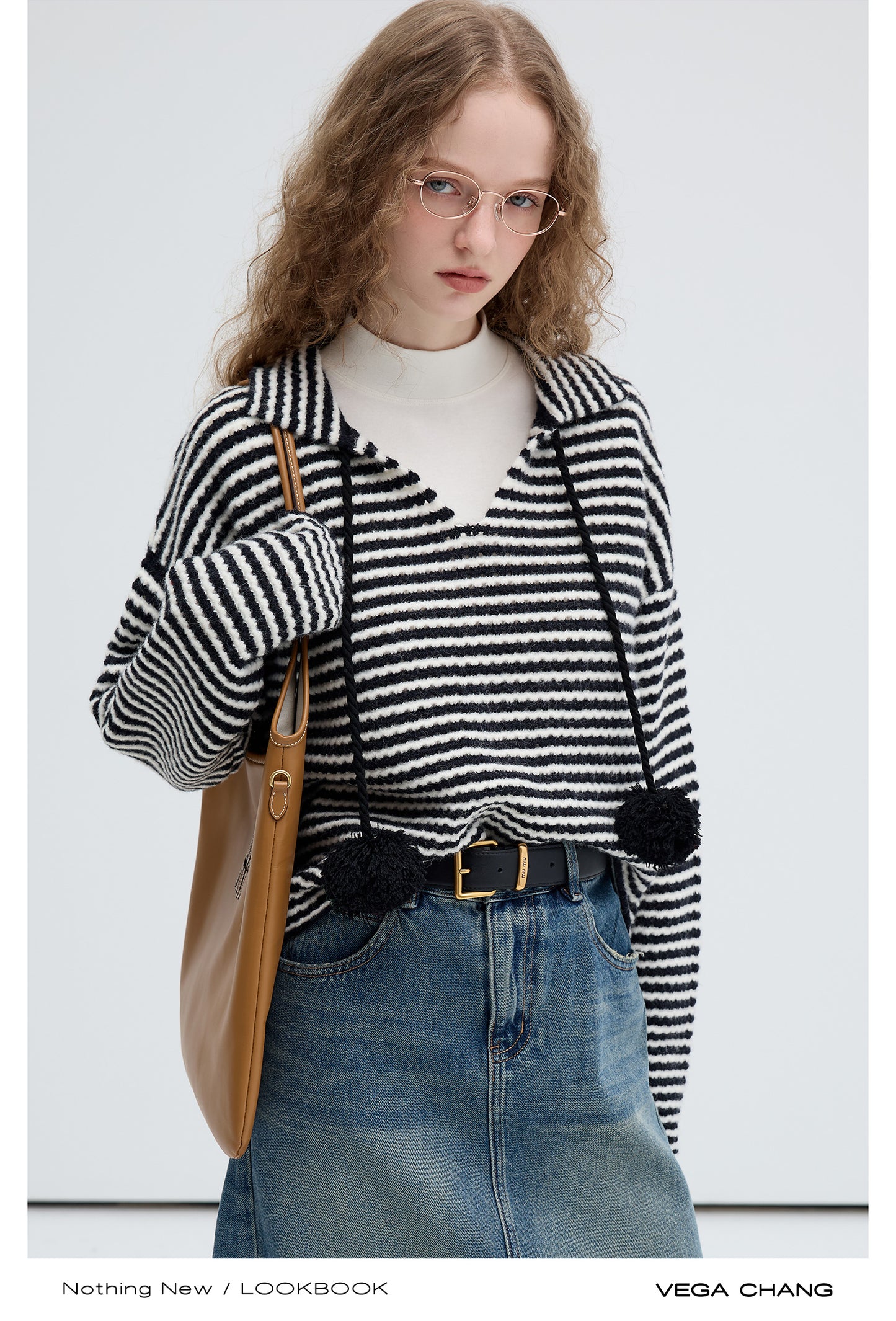 Collared V-Neck Pompom Striped Knit Pullover