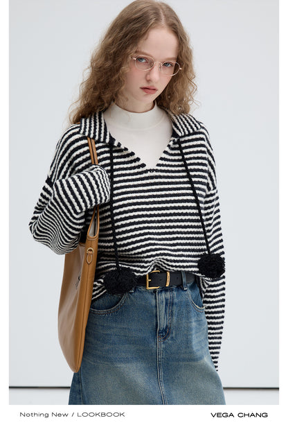 Collared V-Neck Pompom Striped Knit Pullover