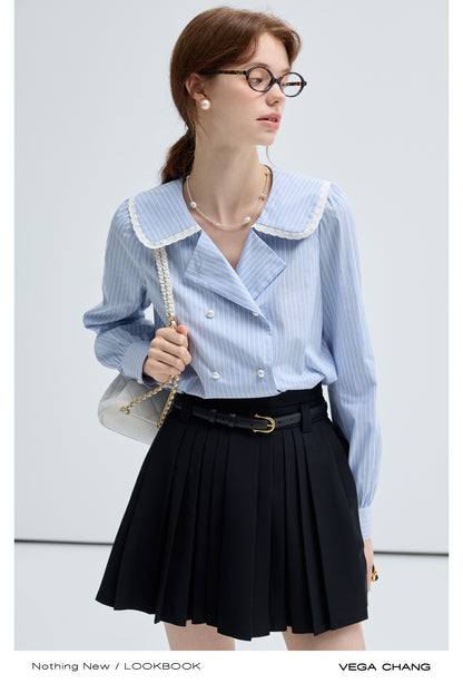 Frilled Round Collar Puff Sleeve Stripe Blouse