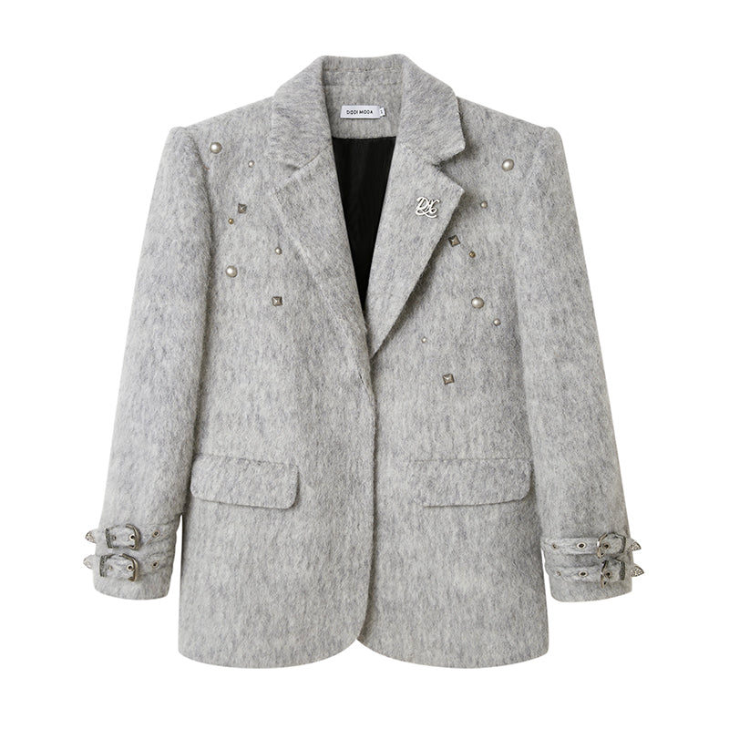 Shoulder-Padded Wool Blend Studded Jacket