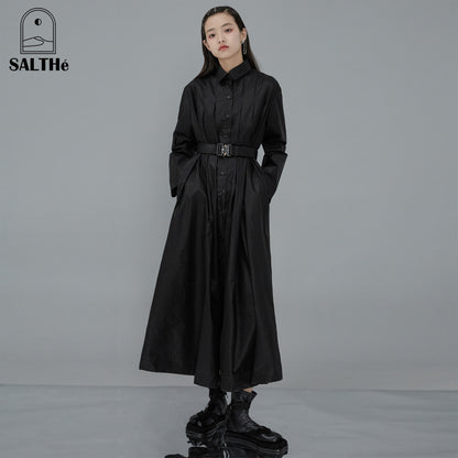 Relax Fit Pleated Cotton Long Shirt Dress