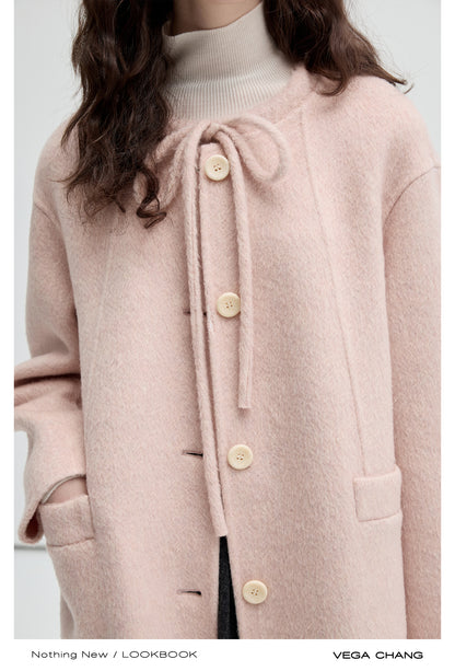 Wool-Silk Blend Collarless Tie Neck Coat