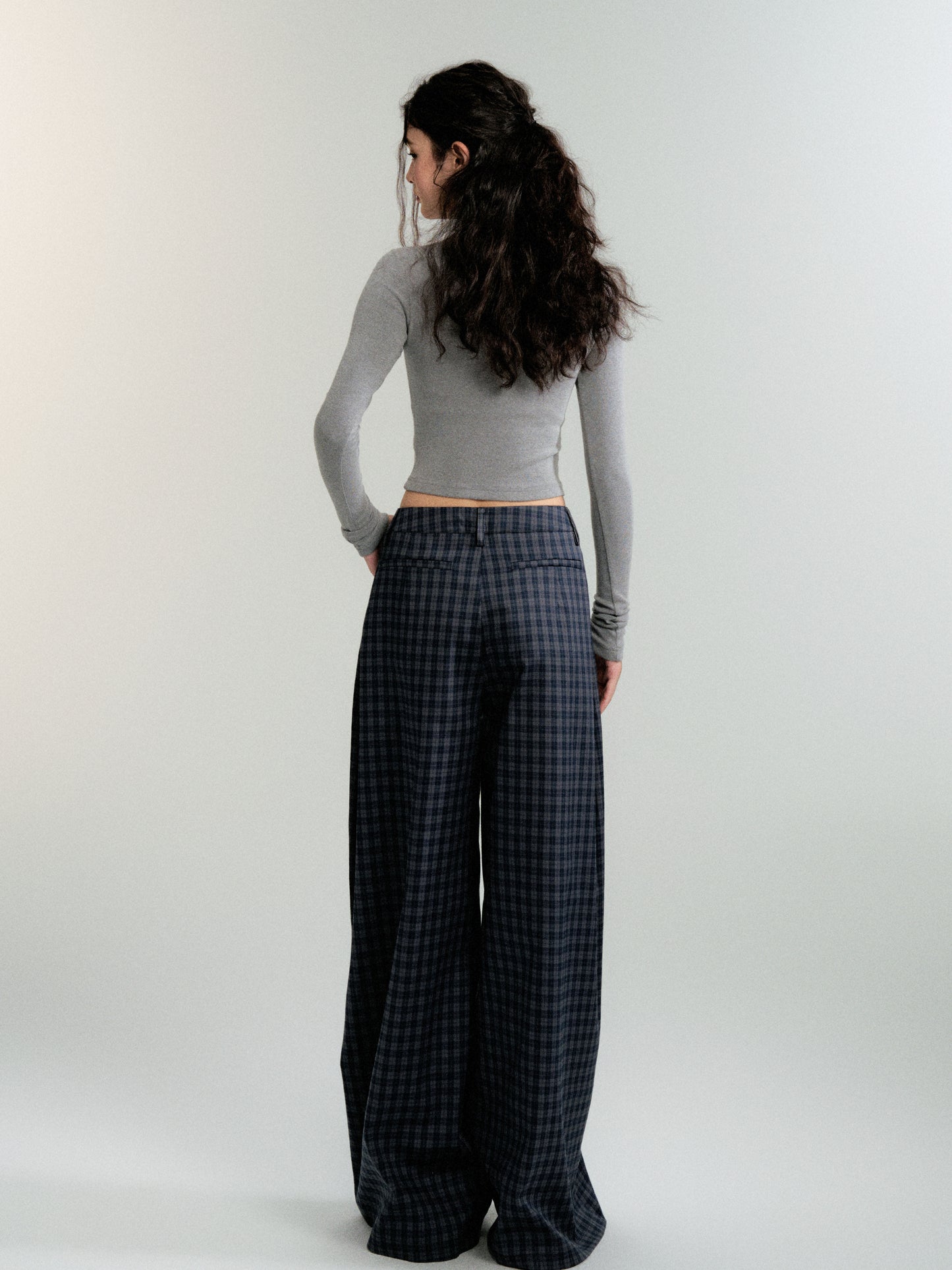 Low Rise Plaid Wide-Leg Straight Trousers