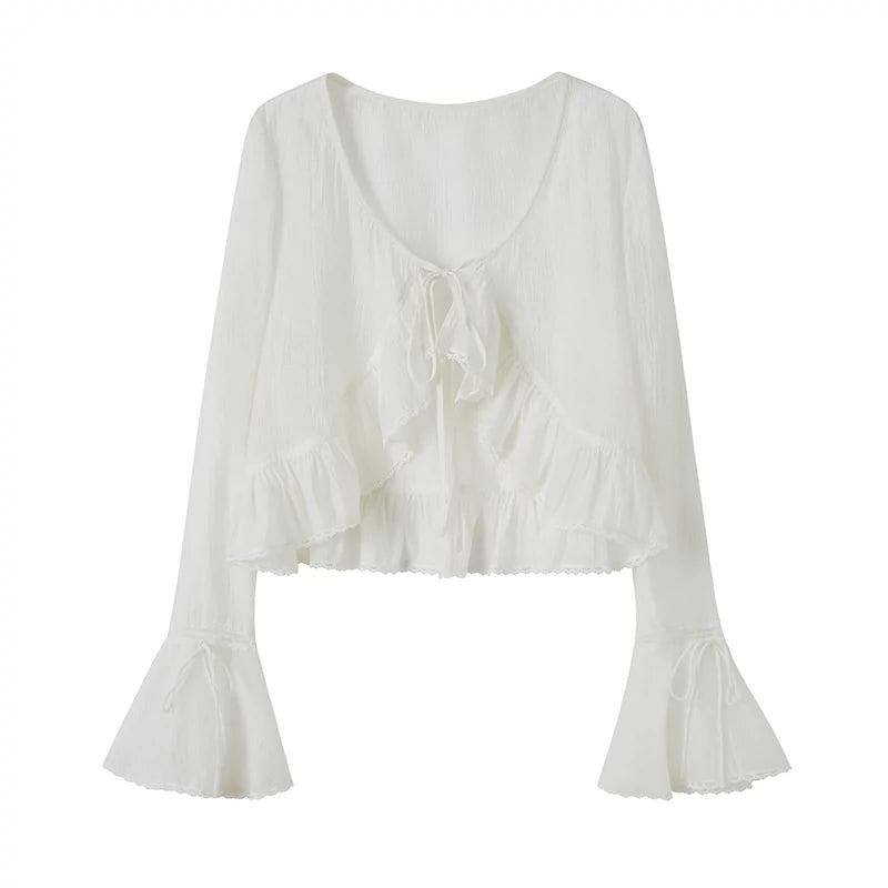 Frilled See-Through Lace-Up Shirt With Flared Cuffs