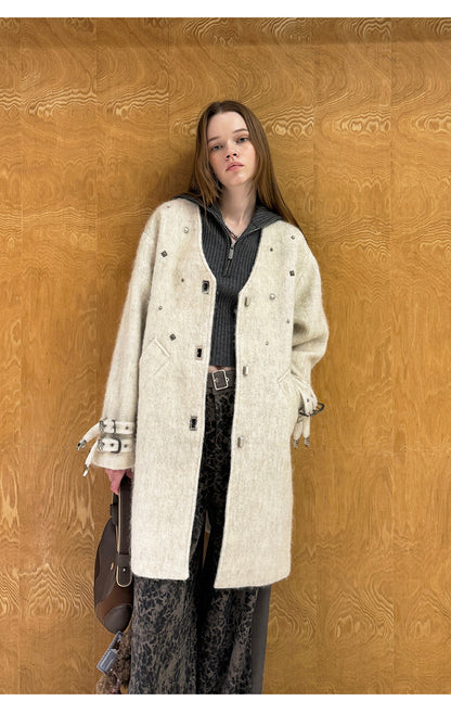 Wool Blend Studded V-Neck Coat