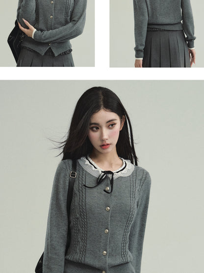 Tie-Neck Lace Collar Cable Knit Cardigan