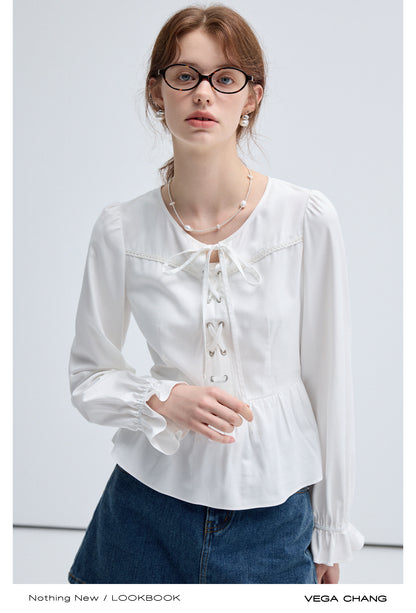 Cross Lace Up Puff Sleeved Blouse