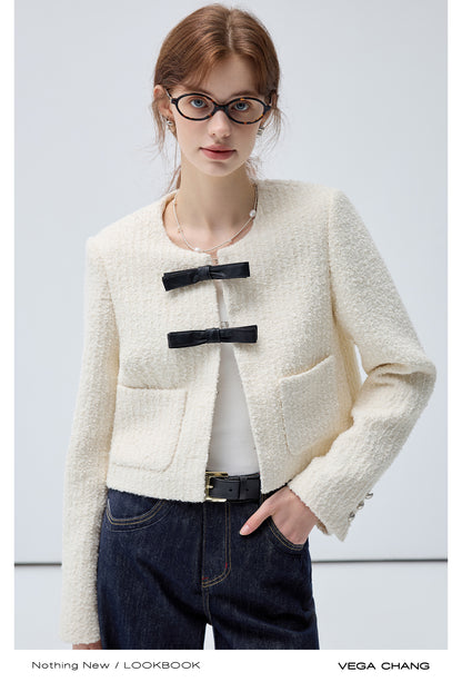 Wool Blend Textured Jacket With Faux Leather Bows