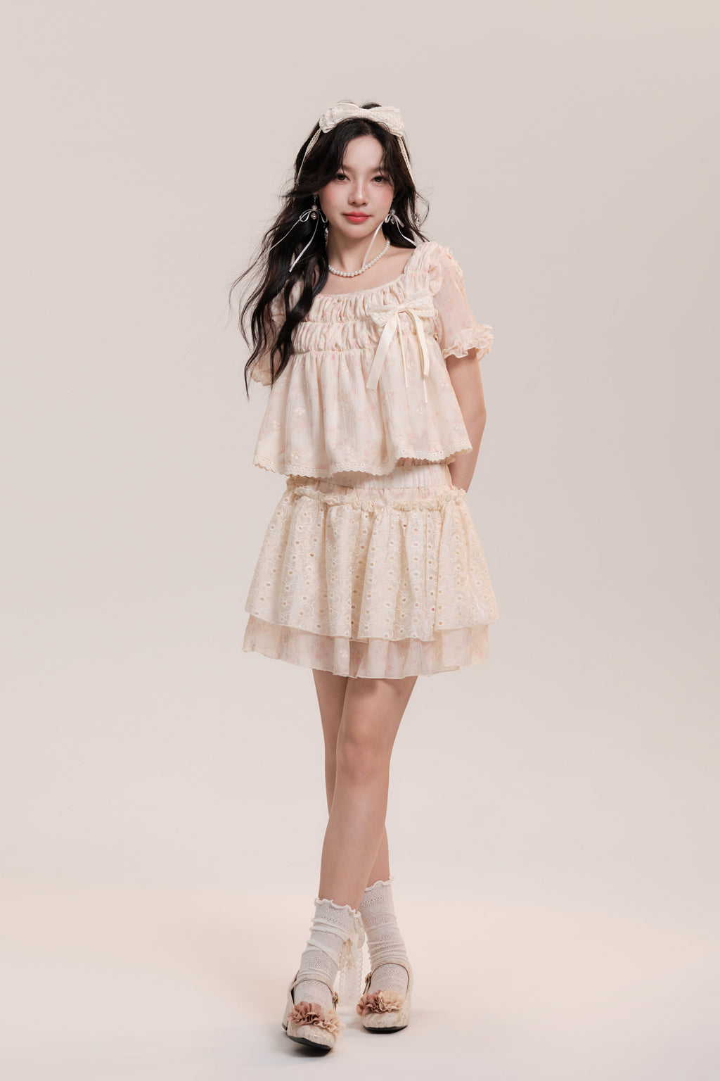 Floral Shirred Blouse And Short Eyelet Lace Skirt