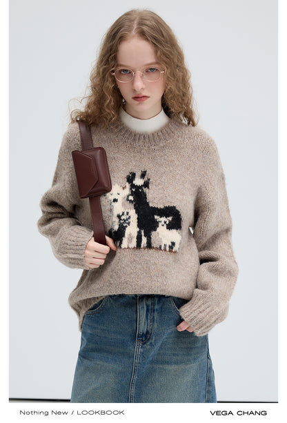 Wool Blend Relaxed Fit Deer Motif Sweater