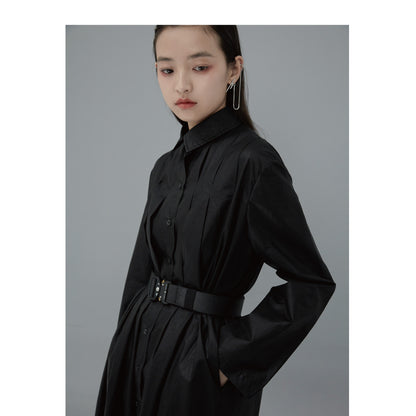 Relax Fit Pleated Cotton Long Shirt Dress