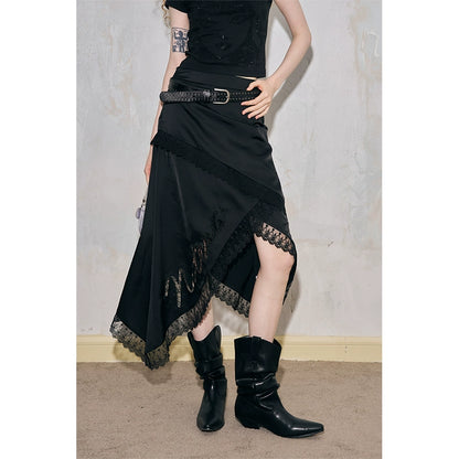 Asymmetric Elegant Lace-Trimmed Drapey Satin Skirt