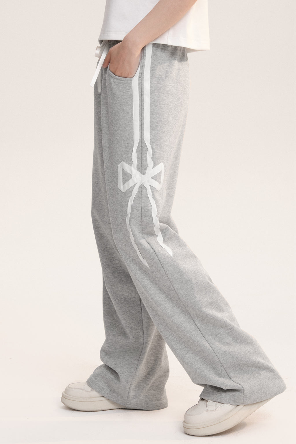 Lace Bow Patched Straight Wide Leg Sweatpants