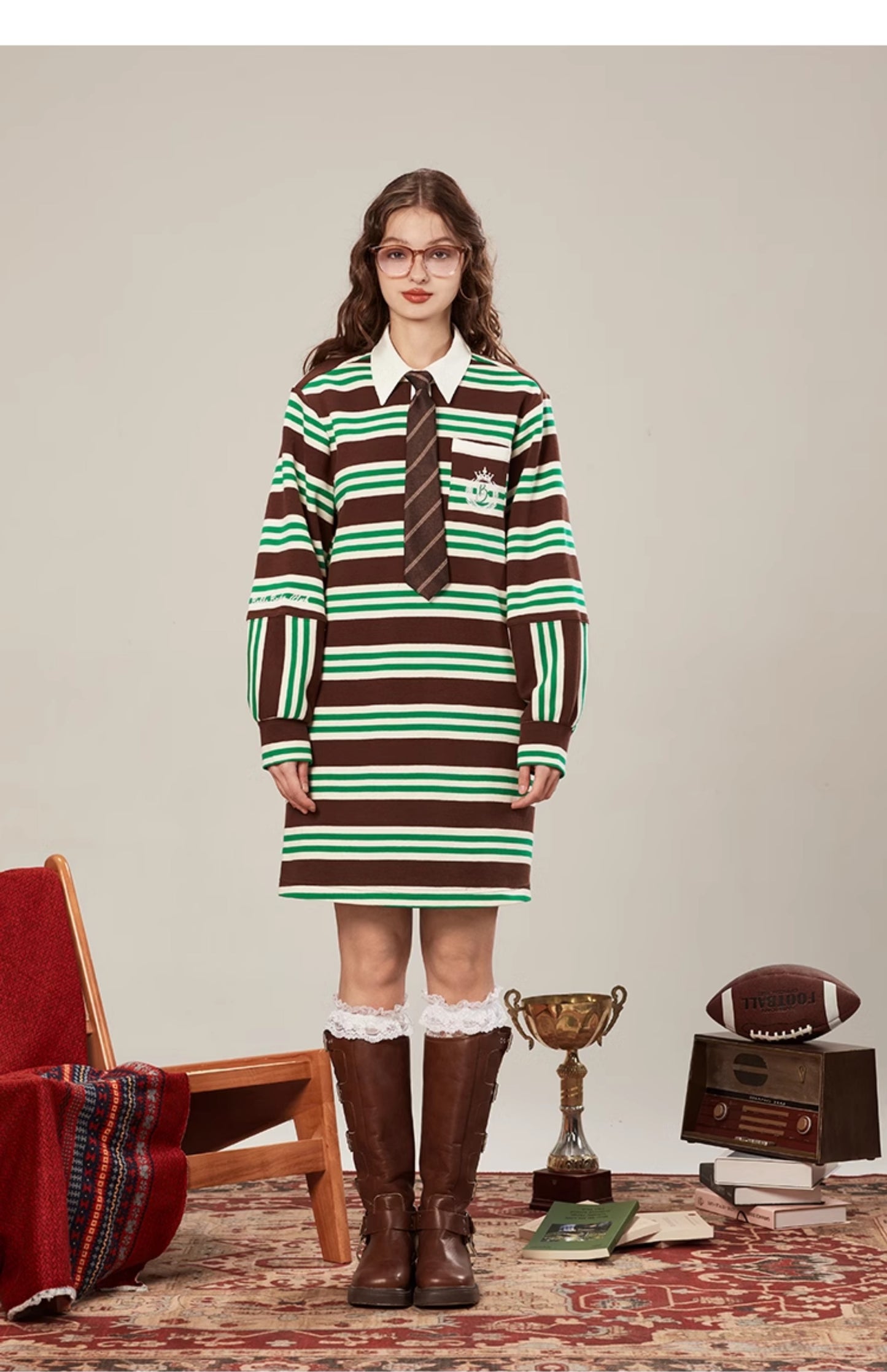 College Style Contrast Rugby Shirt Dress