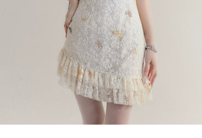 Butterfly Embroidered Lace Short Asymmetric Ruffled Dress