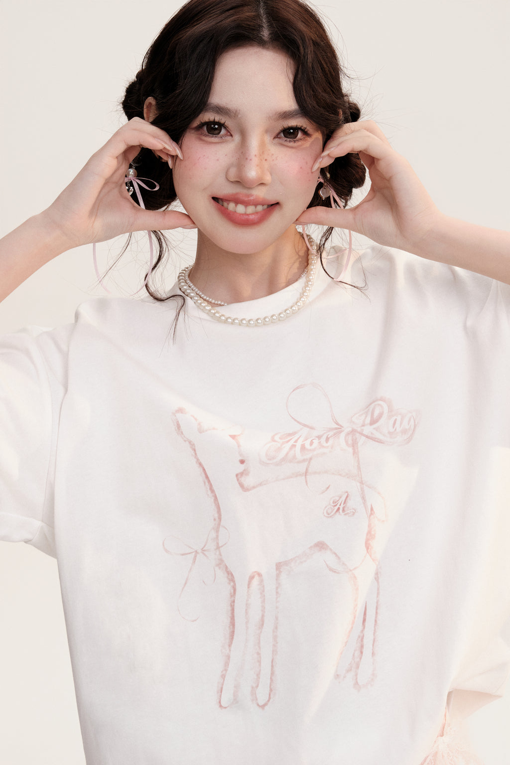 Oversized Deer Print Round Neck Cotton T-Shirt