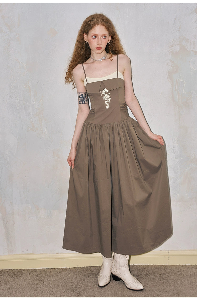 Folded Front Dragon Print Long Camisole Dress