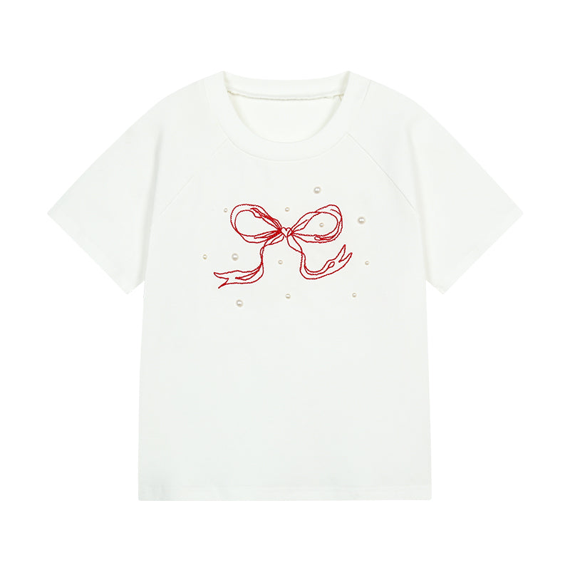 Bow Embroidery Beaded Round Neck T-Shirt