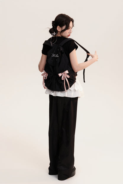 Drawstring Backpack With Decorative Satin Ribbons