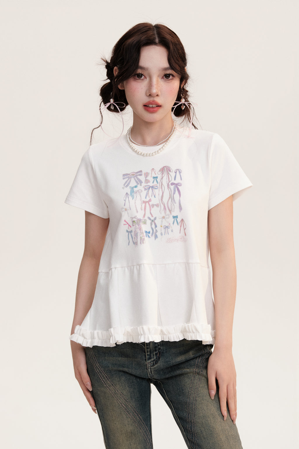 Illustrated Bows Print Frilled Hem T-Shirt