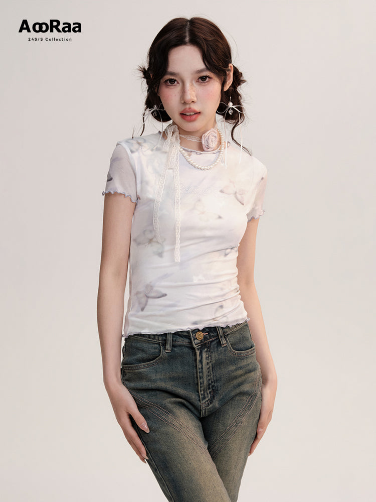 Butterfly Lettuce Edging Fitted Sheer T-Shirt