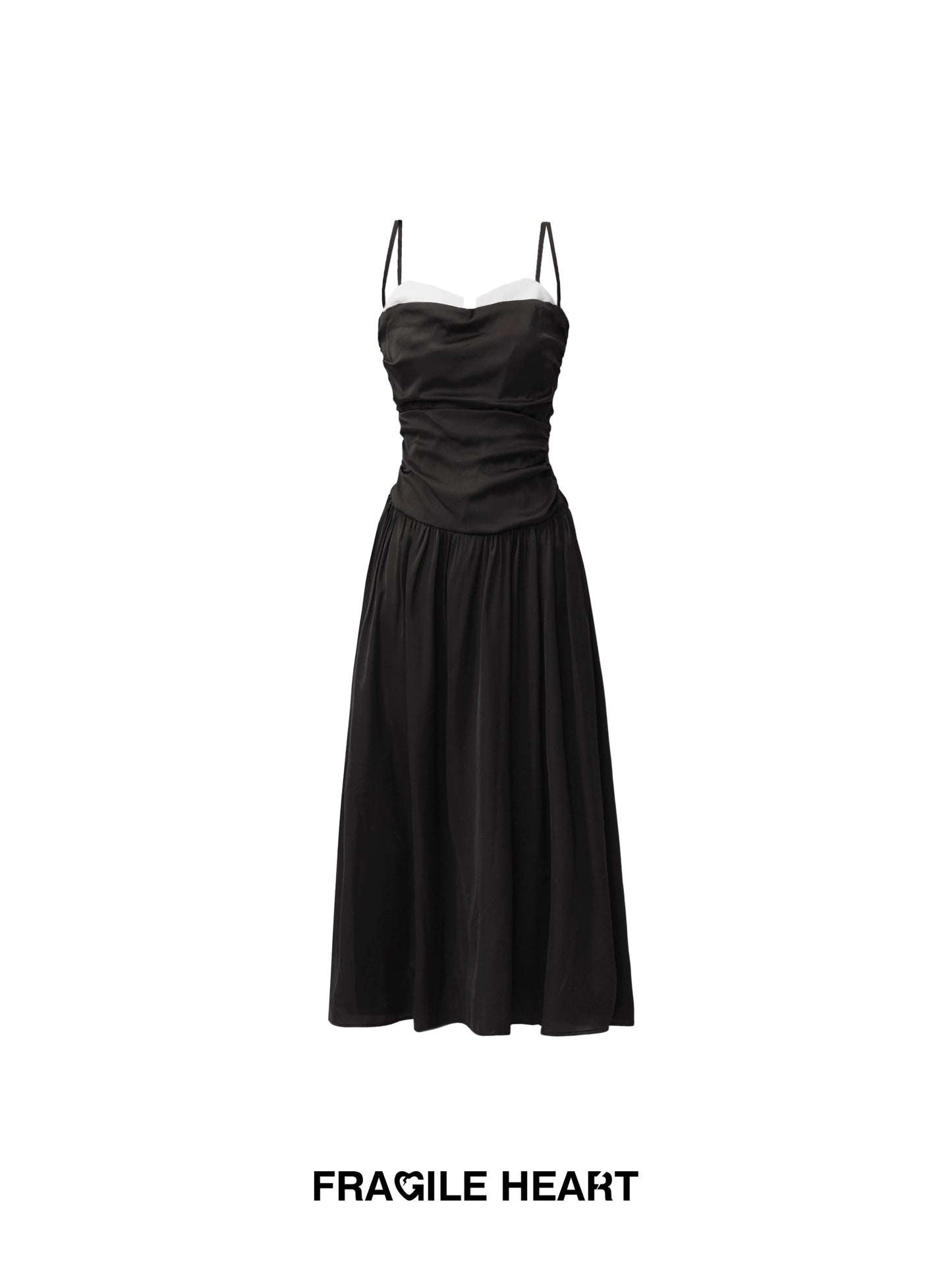 Ruched Glossy Satin Long Camisole Dress With Double Straps