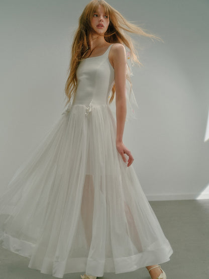 See-Through Dual Fabric Long Flowy Dress