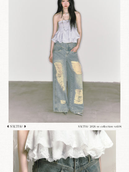 Vintage Style Distressed Shredded Wide Leg Jeans