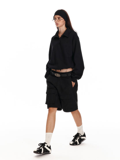 Polo Collar Relaxed Fit Drawstring Cotton Sweatshirt