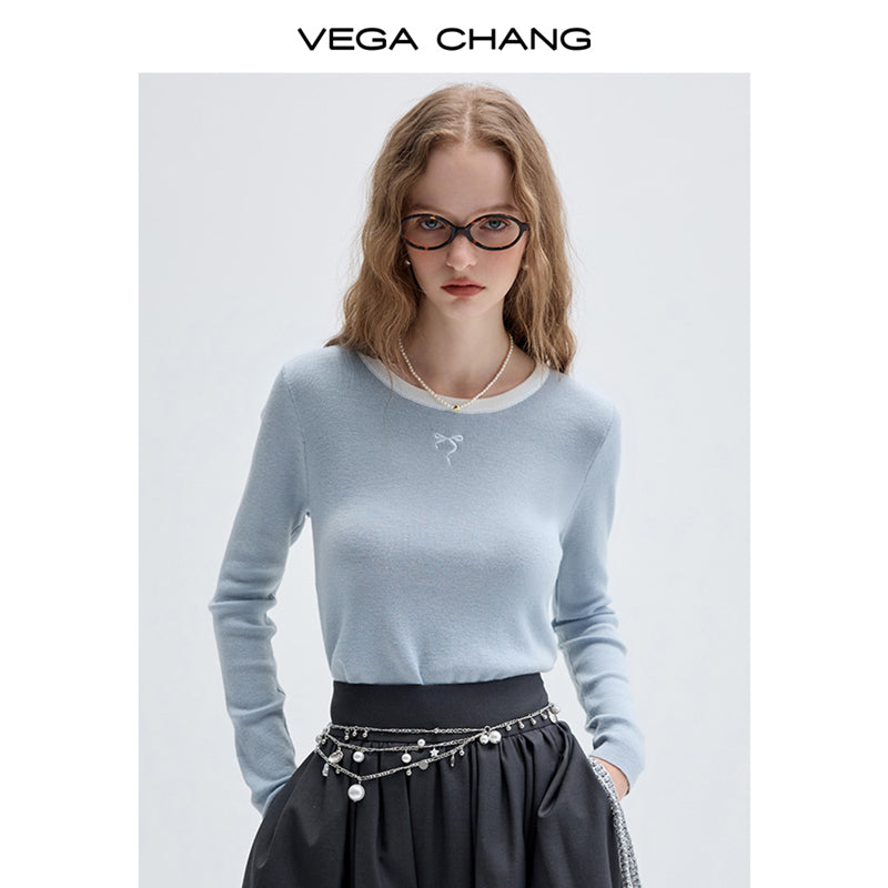 Wool Blend Bow Embroidery Contrast Knit Top