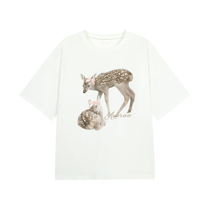 Oversized Deer Print Round Neck Cotton T-Shirt